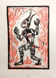 Loki : two color relief print on paper