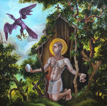 St. Kevin and the Blackbird, 2016 oil on panel 12 by 12"