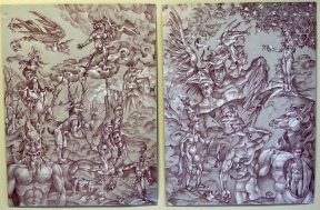 The Labors of Herakles 2019 Sanguine pencil with white chalk highlights, on toned paper Diptych total 24 by 36 inches